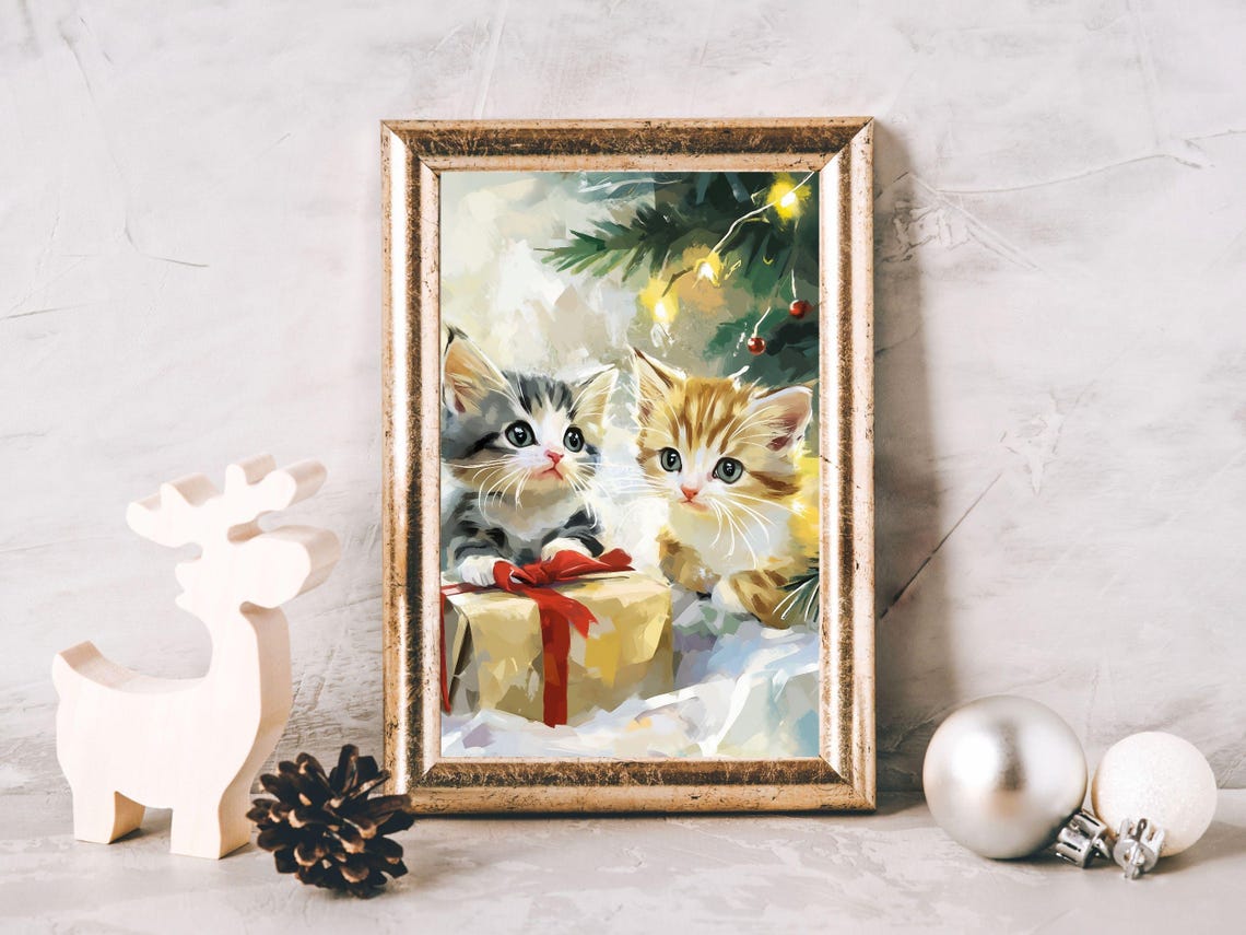 Cute Kitten Watercolor Wall Art Festive Home Decor Christmas Print Holiday Decor Cat Lover Gift - Image 3