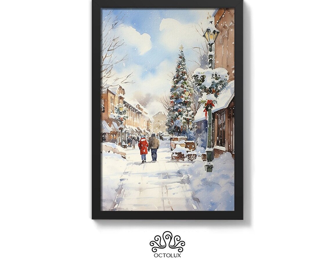 Snowy Main Street Christmas Tree Shops Holiday Watercolor Scene Poster