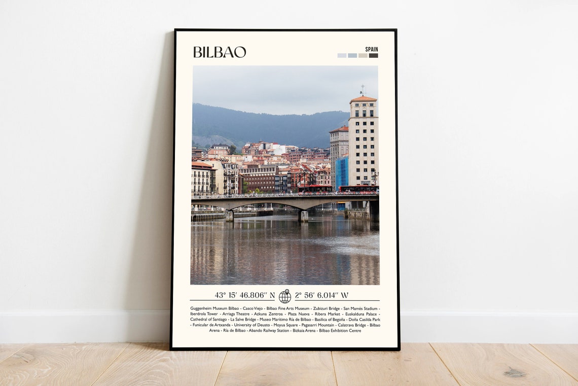 Bilbao Spain River Bridge Skyline Minimalist Photo Travel Poster