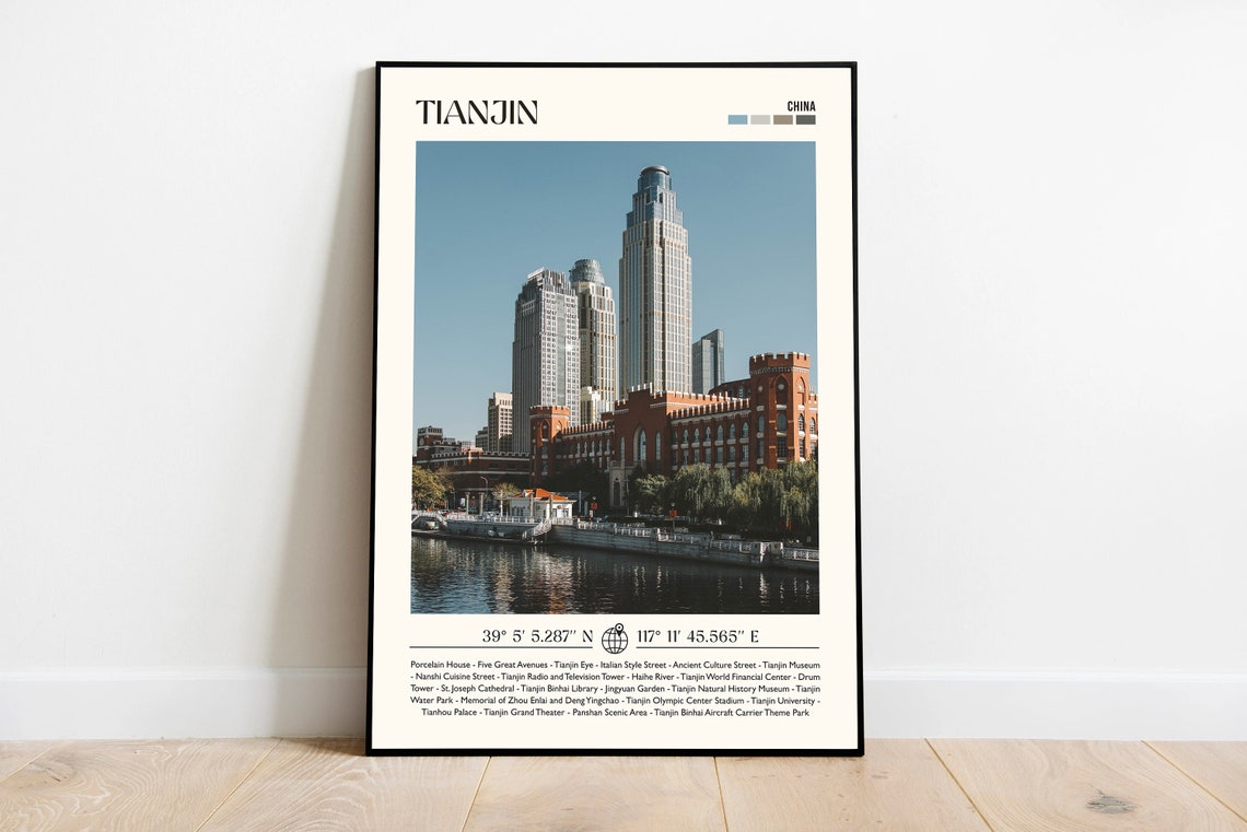 Tianjin China Riverside Skyline Photo Poster With Landmark Guide List