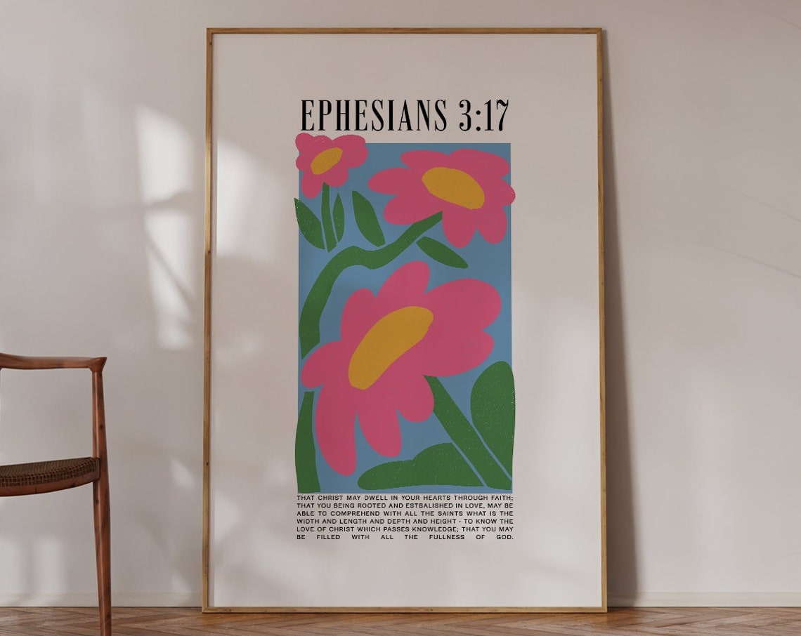 Ephesians 3 Floral Matisse Style Pink Daisy Christian Scripture Poster - Image 4