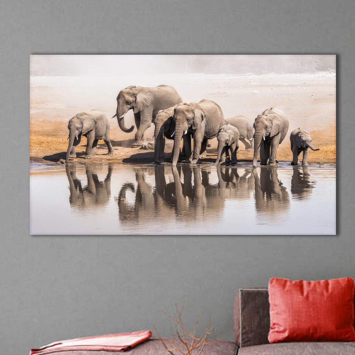Elephant Herd Drinking at Watering Hole Reflection Safari Photo Poster