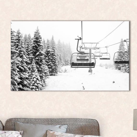 Winter Ski Lift Canvas Art Snowy Mountain Landscape Cabin Decor
