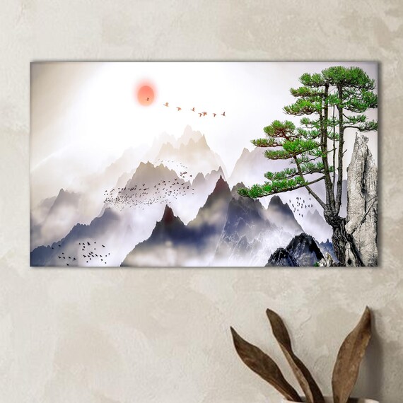 Asian Ink Landscape Canvas Art Misty Mountains Crane Birds Zen Decor