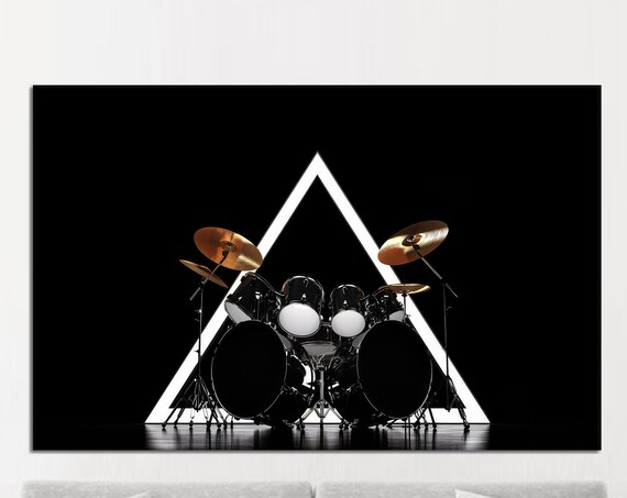 Drum Set Before Neon Triangle on Black Modern Music Room Poster