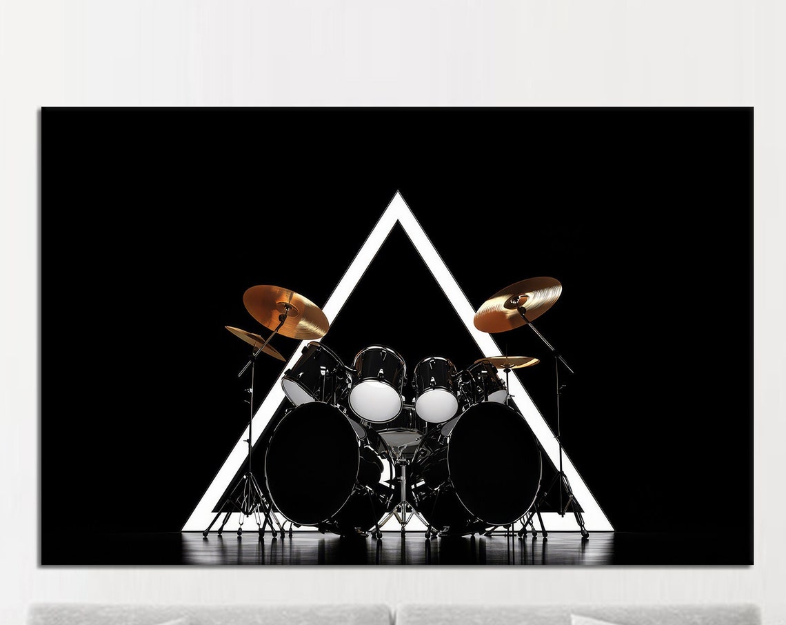 Drum Set Before Neon Triangle on Black Modern Music Room Poster