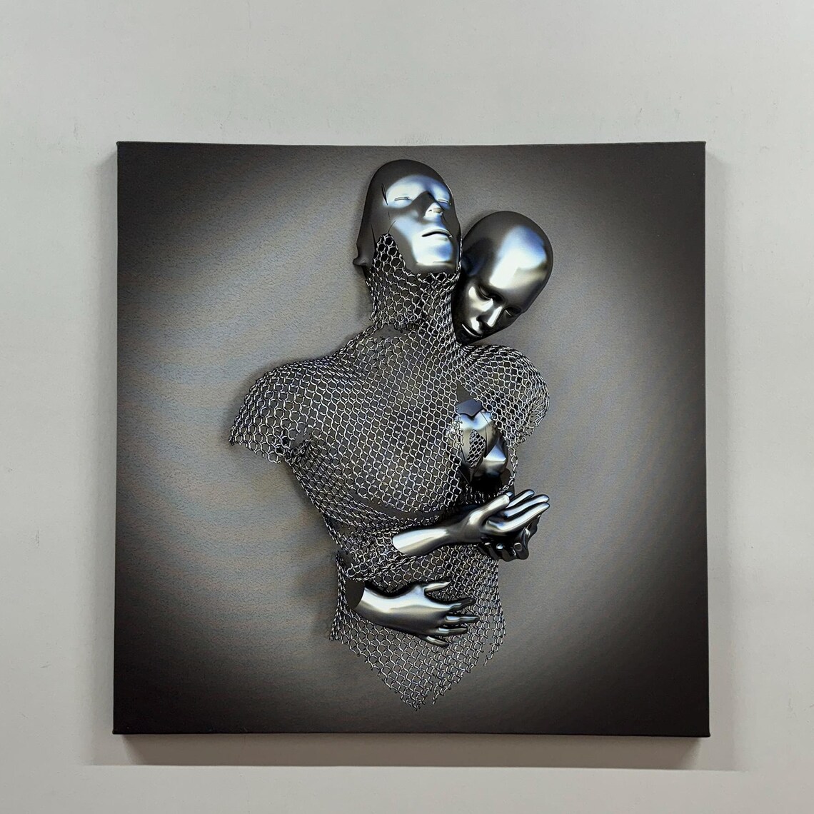Chrome Couple Embrace Metallic Chainmail Sculpture Wall Poster