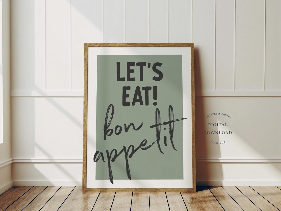 Let's Eat Bon Appetit Funny Kitchen Quote Sage Green Art Poster
