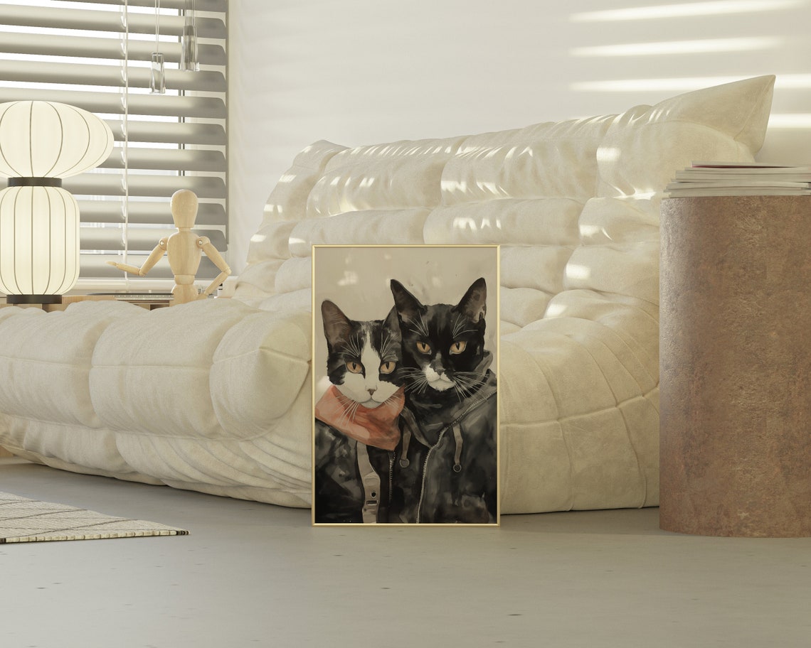 Two Cool Cats Wearing Jackets Watercolor Funny Pet Art Poster - Image 2