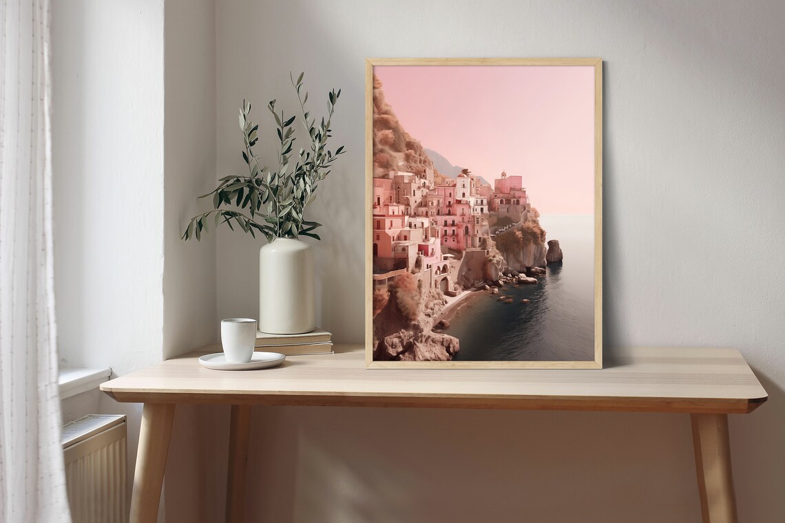 Amalfi Coast Pink Cliffside Village Italy Mediterranean Art Poster - Image 3