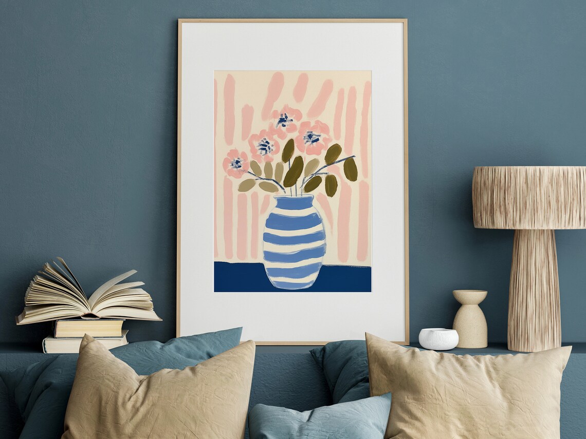 Pink Flowers Blue Striped Vase Matisse Style Botanical Art Poster - Image 4