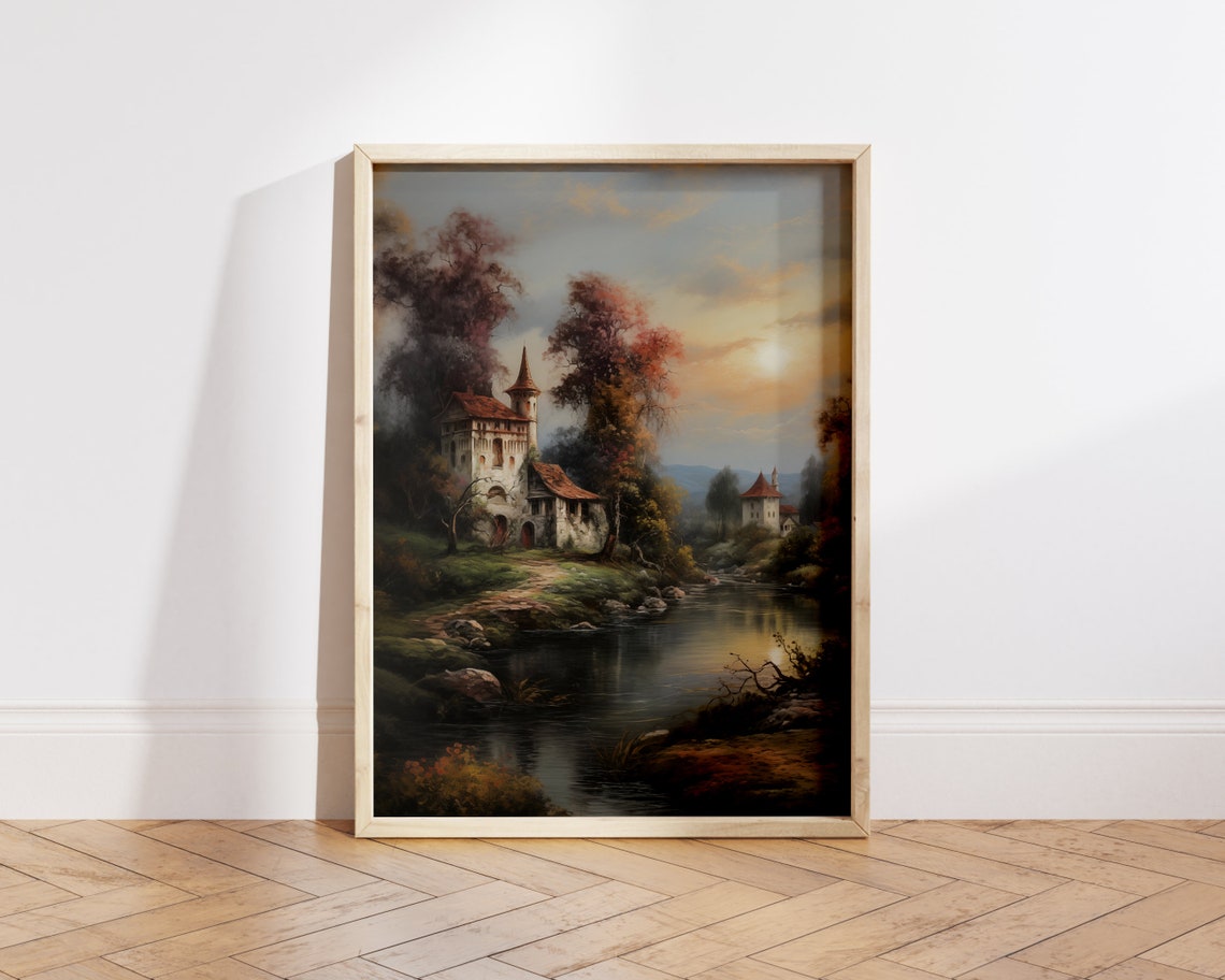 Rustic European Village Print Vintage Living Room Art Farmhouse Wall Decor European Landscape Oil Painting Nature Gifts Optional Frame