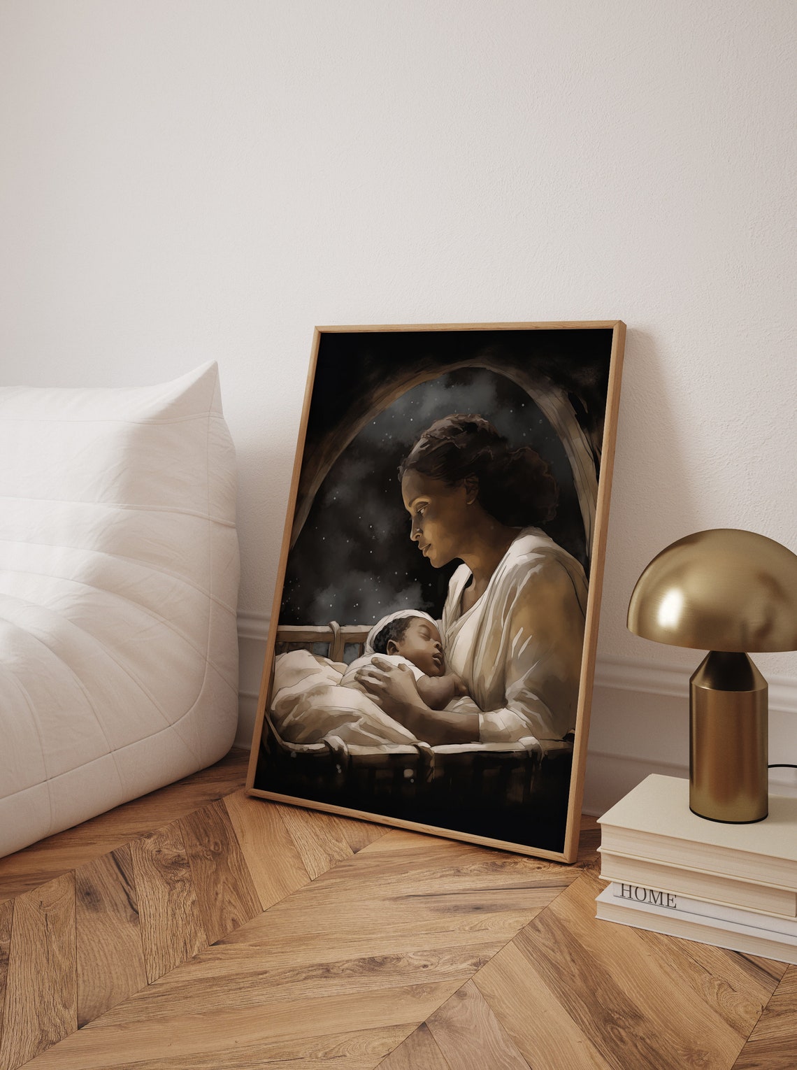 Black Madonna and Child Crib Starry Night Watercolor Art Poster - Image 2