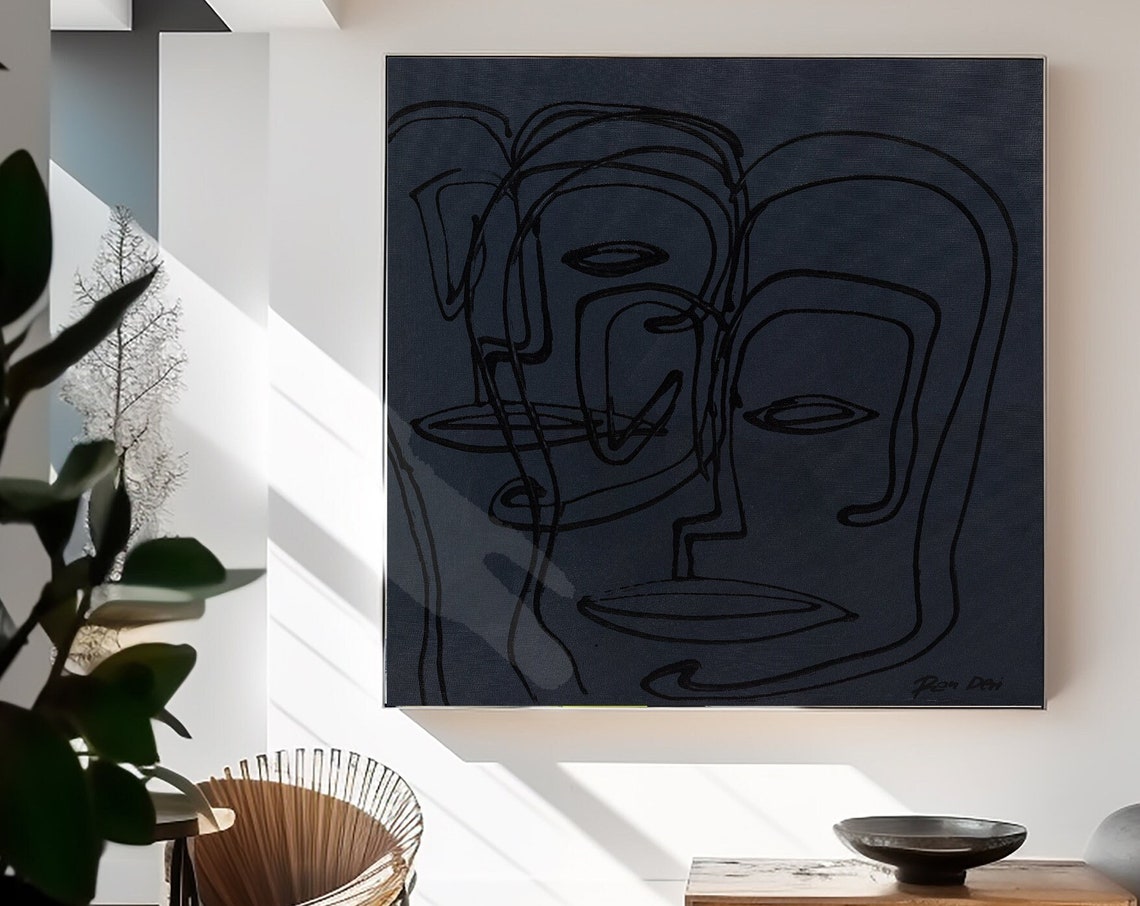 Dark Line Art Faces on a Navy Black Square Modern Abstract Poster