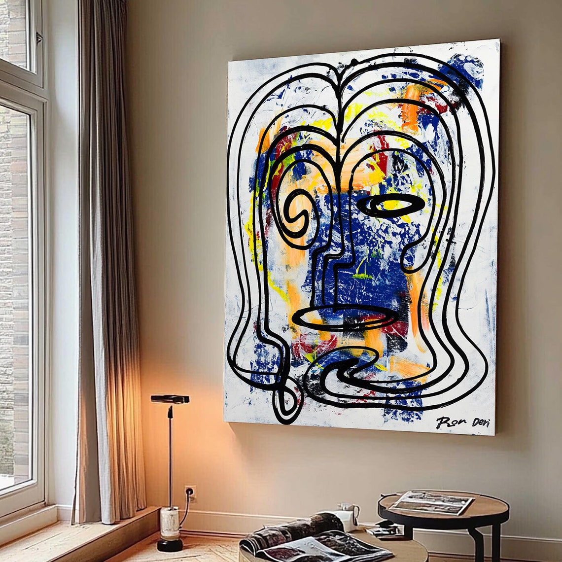 Black Line Art Face Over Blue Yellow Red Splashes Vertical Poster