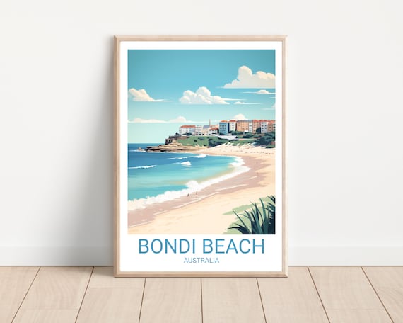 Bondi Beach Australia Retro Travel Poster Curved Bay Surf Art Print