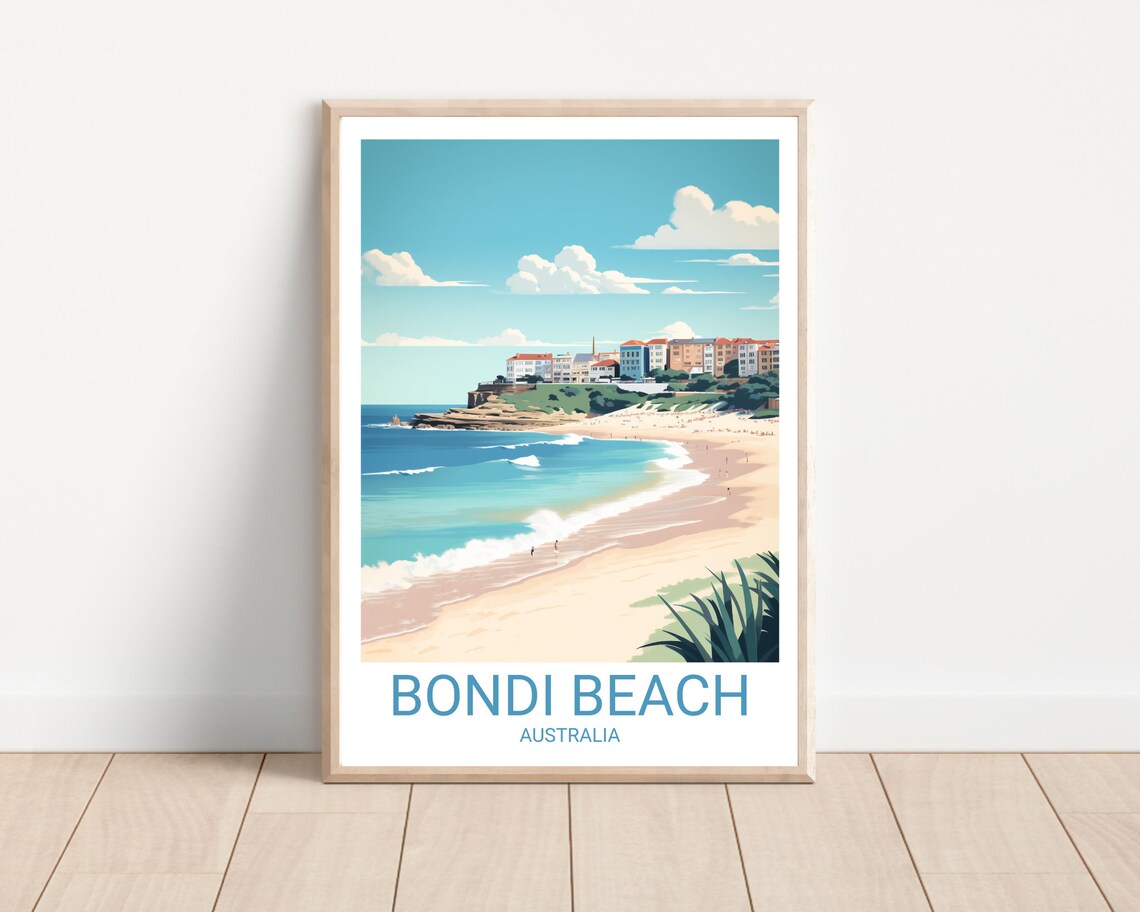 Bondi Beach Australia Retro Travel Poster Curved Bay Surf Art Print