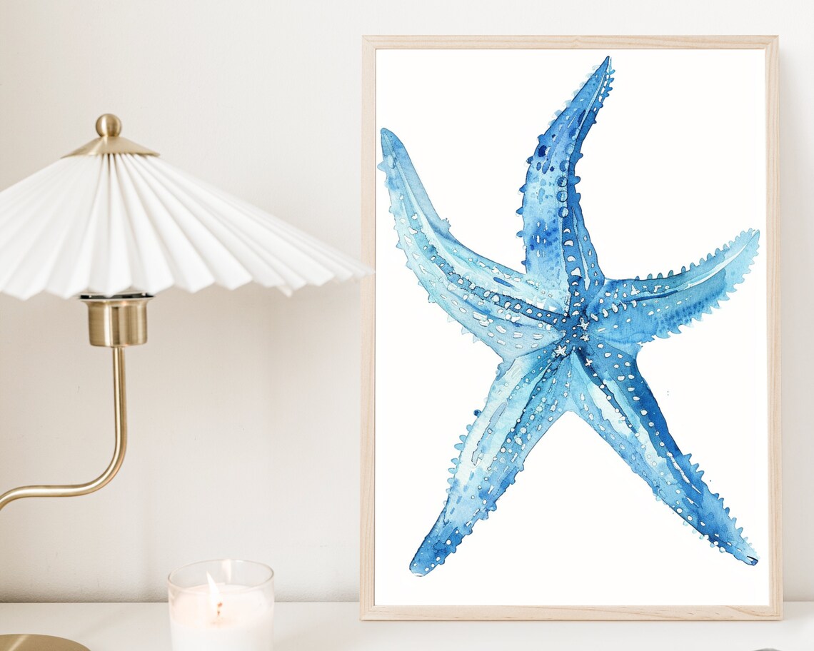 Blue Starfish Watercolor Minimalist Ocean Sea Animal Wall Art Poster - Image 3