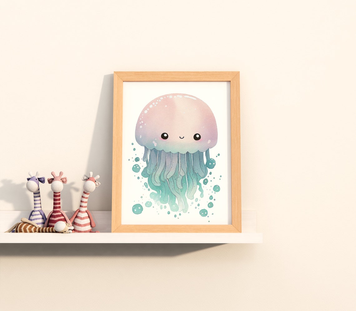 Watercolor Nursery Kawaii Jellyfish Cute Nursery Animal Art Baby Animal Nursery Painting Art For Babies Gifts For Newborns
