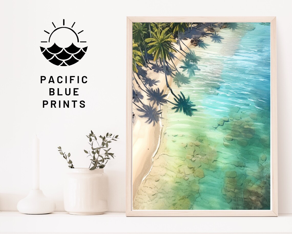 Aerial Tropical Lagoon Watercolor Palm Shadows Beach Wall Art Poster - Image 4