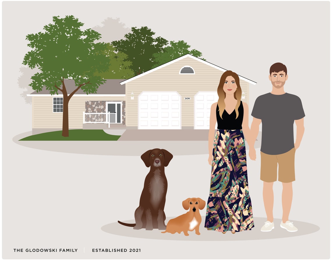 Custom Couple with Two Shiba Inu Dogs and House Illustration Poster - Image 3