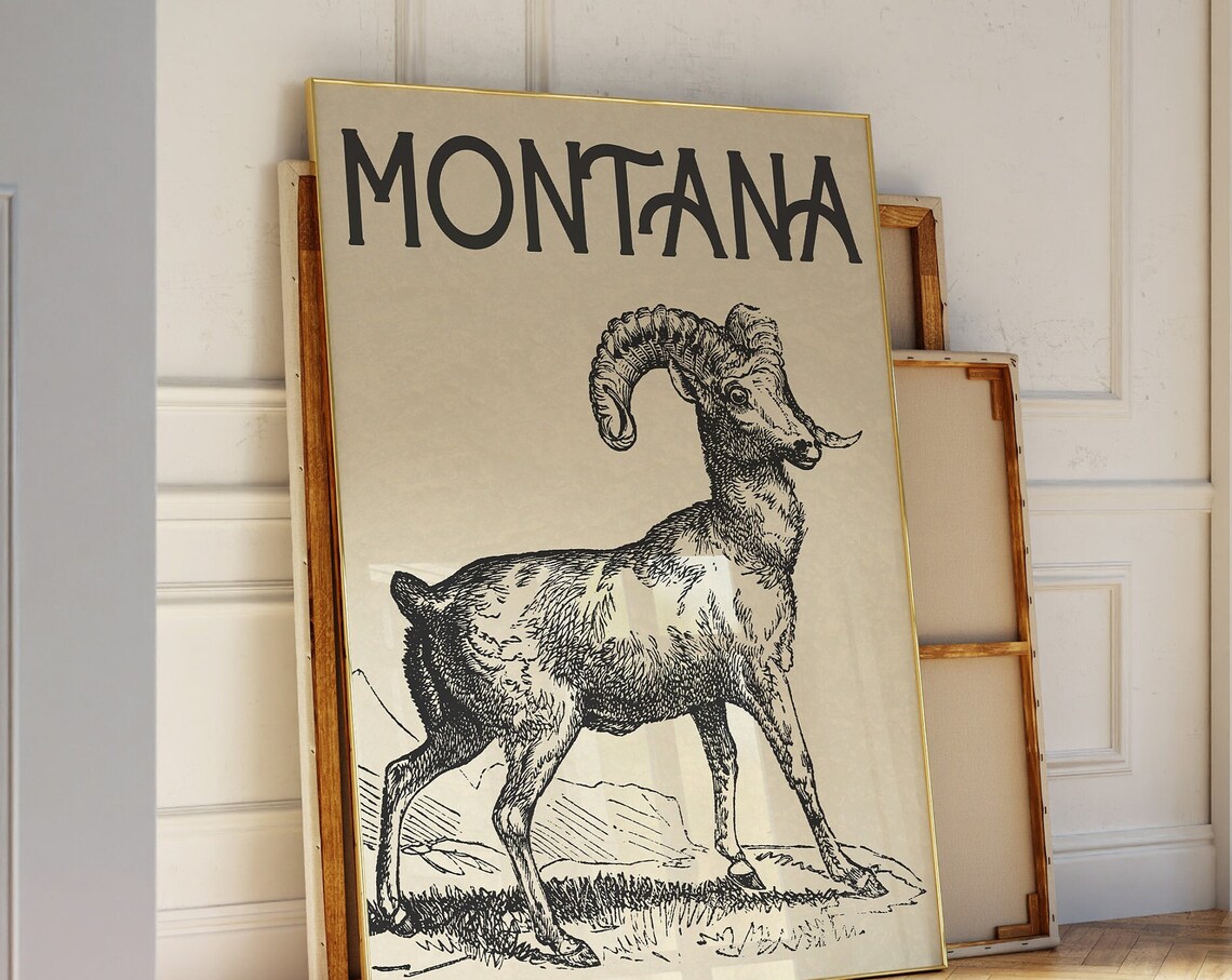 Montana Bighorn Sheep Vintage Engraving Western State Art Poster