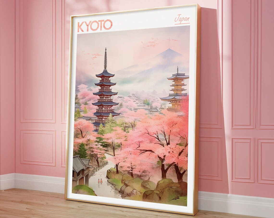 Kyoto Watercolor Art Print Far East Traditional Wall Japan Travel Poster City Pastel Colors