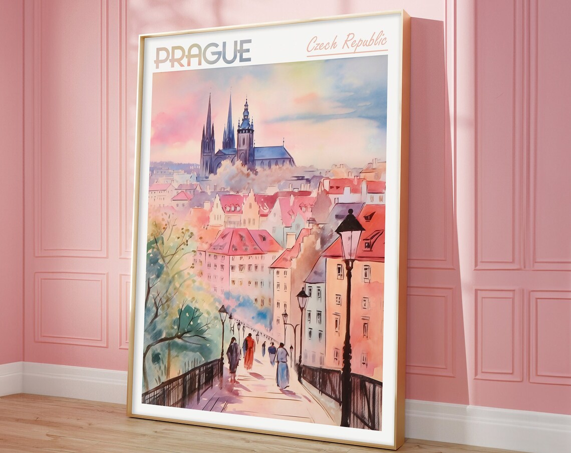Prague Czech Republic Riverside Promenade Watercolor Travel Poster
