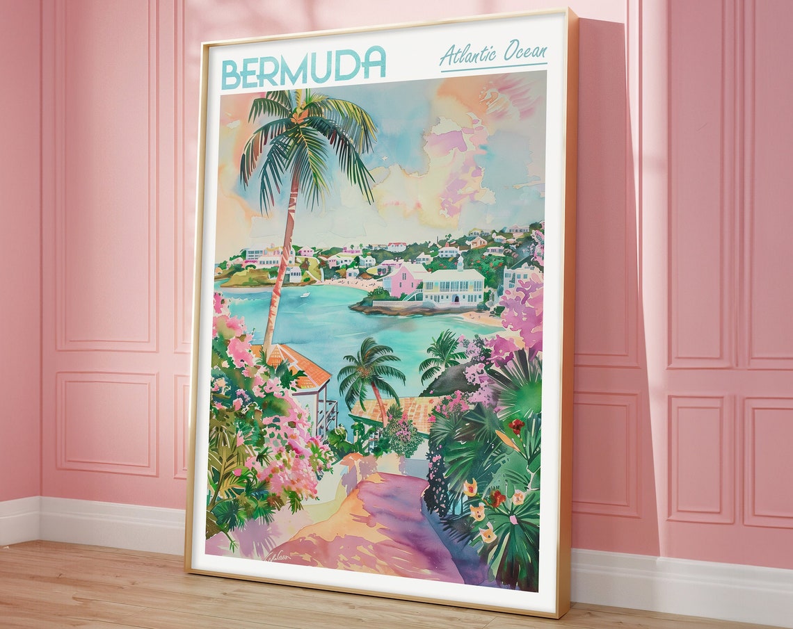 Bermuda Atlantic Ocean Watercolor Tropical Harbor Travel Poster