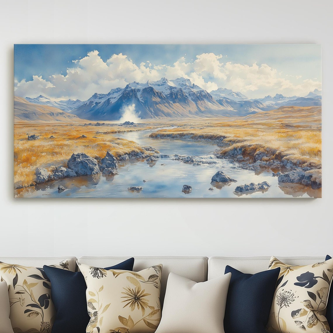 Iceland Strokkur Geyser and Gullfoss Waterfall Watercolor Poster