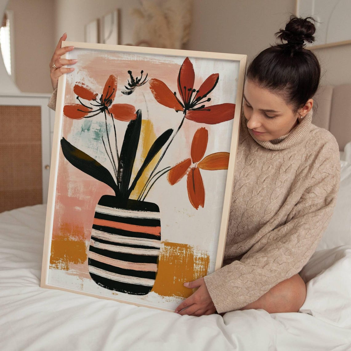 Orange Red Abstract Flowers in Striped Vase Modern Floral Art Poster - Image 4
