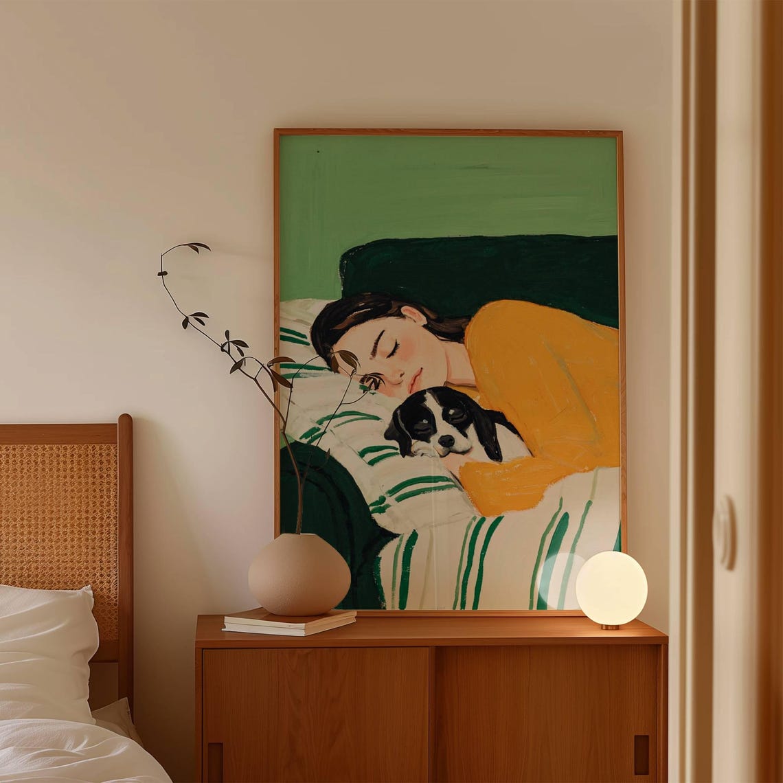 Woman Napping with Puppy in Yellow Sweater Cozy Artwork Poster - Image 3