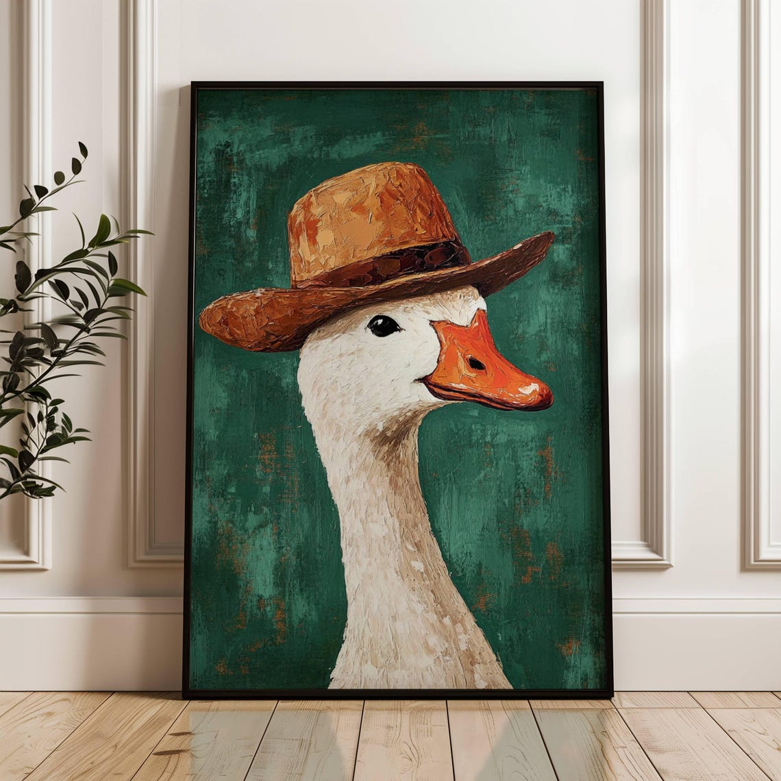 Goose Wearing Brown Hat Funny Portrait Green Background Poster