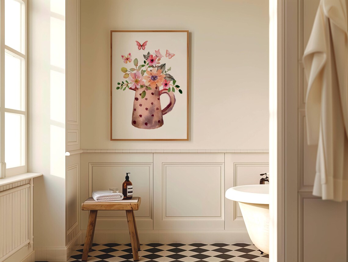 Pink Floral Bouquet In Dotted Pitcher Watercolor Gift Art Poster - Image 2