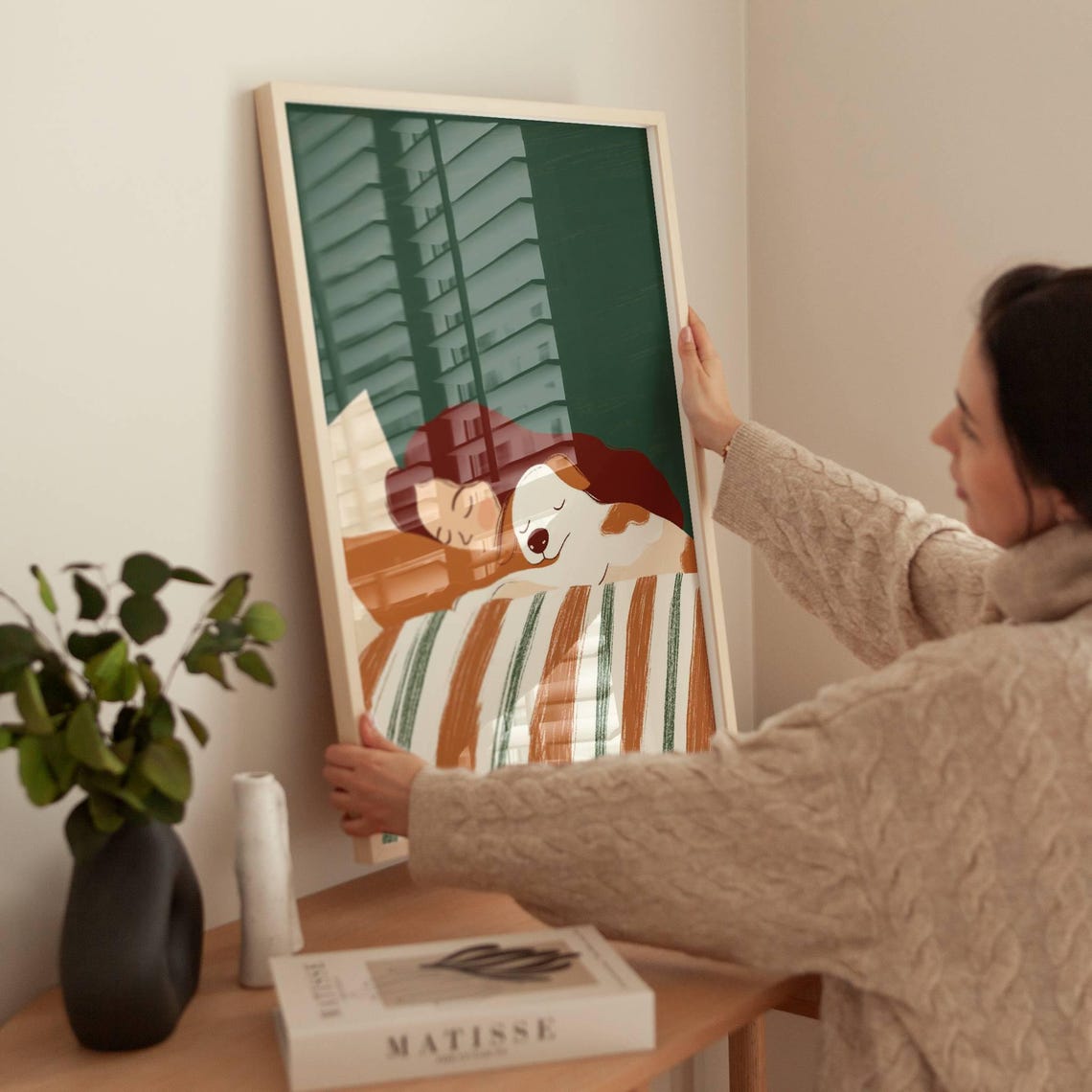 Dog Lover Gift Girl And Dog Art Print Bedroom Decor Kids Room Wall Decor Girl Children Room Art Woman With Dog Art Print Green And Brown - Image 2