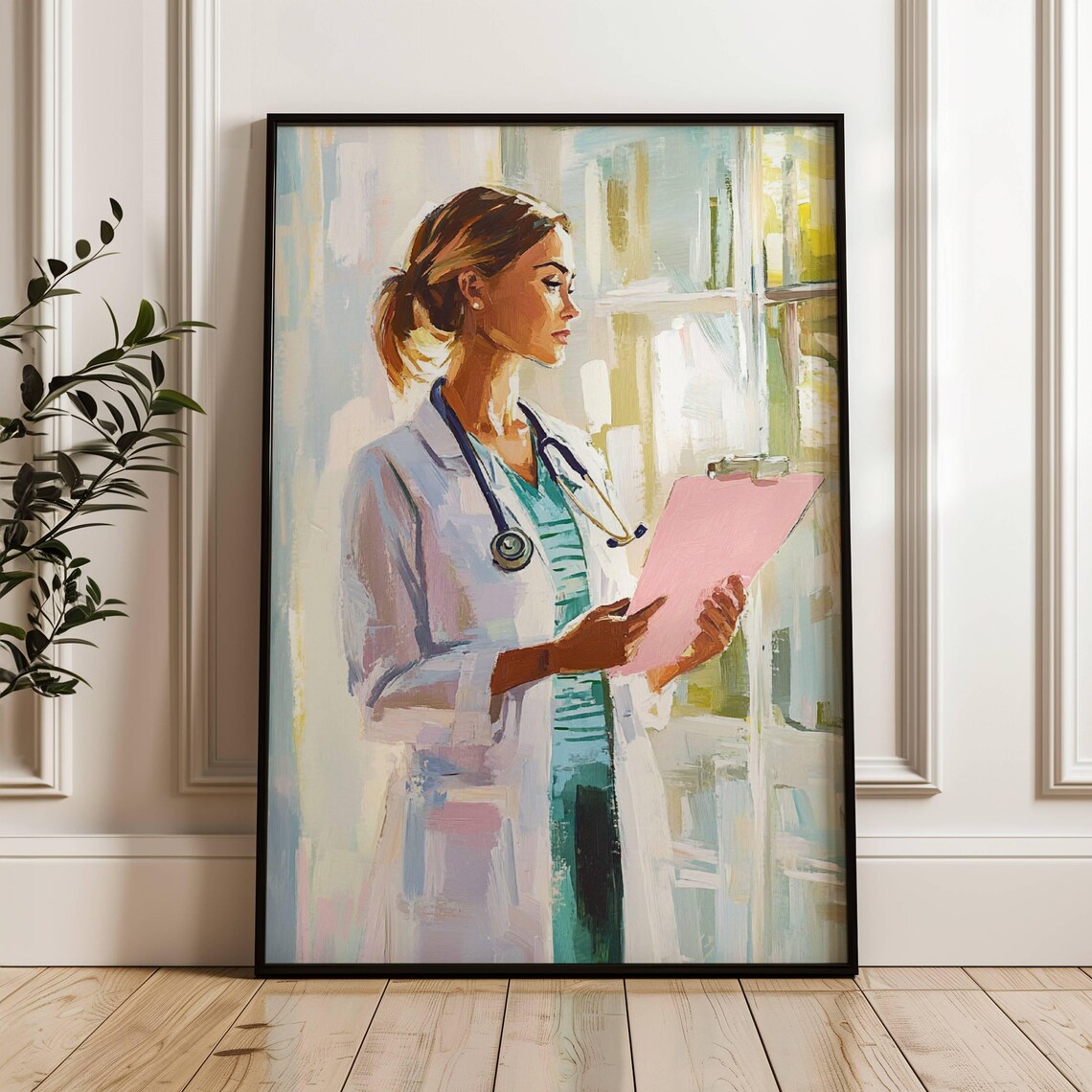 Female Doctor with Stethoscope and Clipboard Watercolor Poster - Image 2