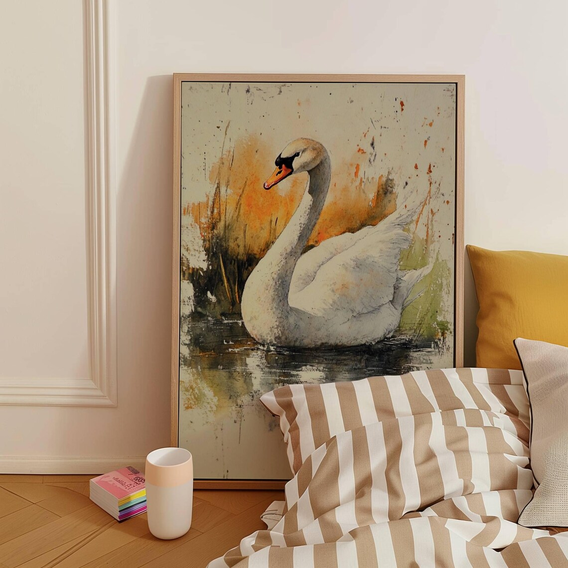 Elegant White Swan Lake Watercolor Neutral Nursery Decor Poster - Image 4