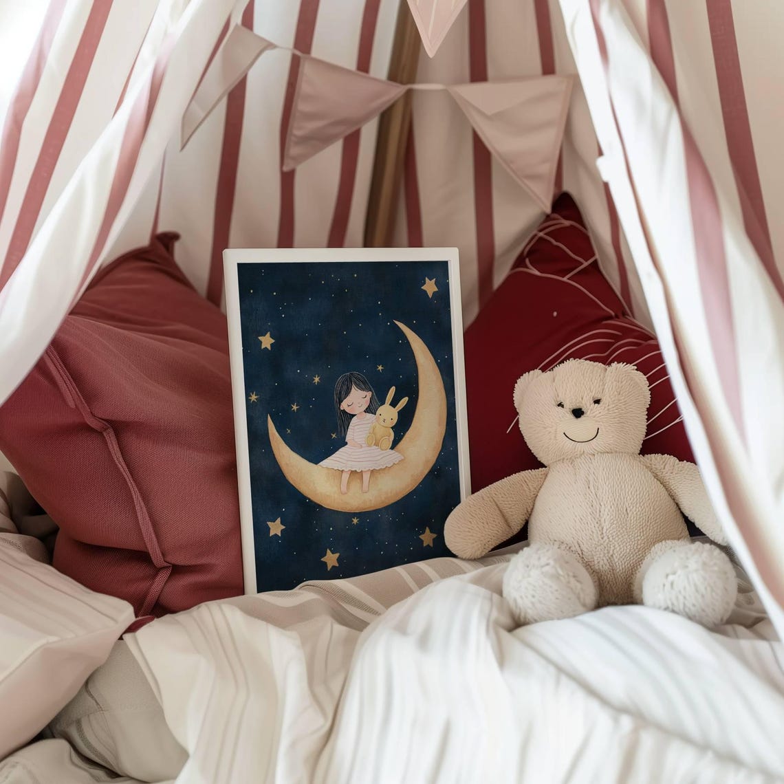 Girl on Crescent Moon with Bunny Night Stars Nursery Art Poster - Image 3