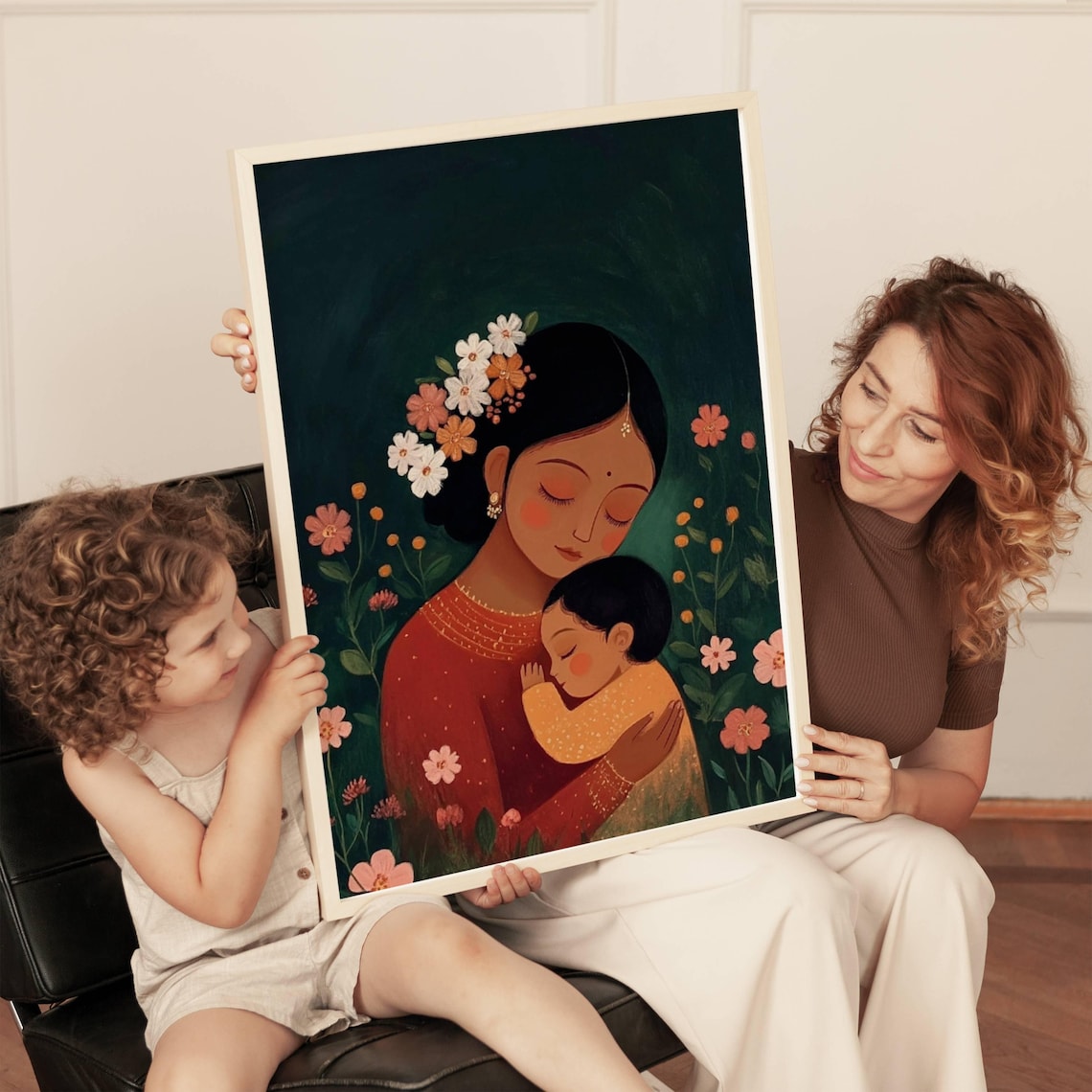 Indian Mother And Child Embrace Floral Motherhood Art Poster - Image 3