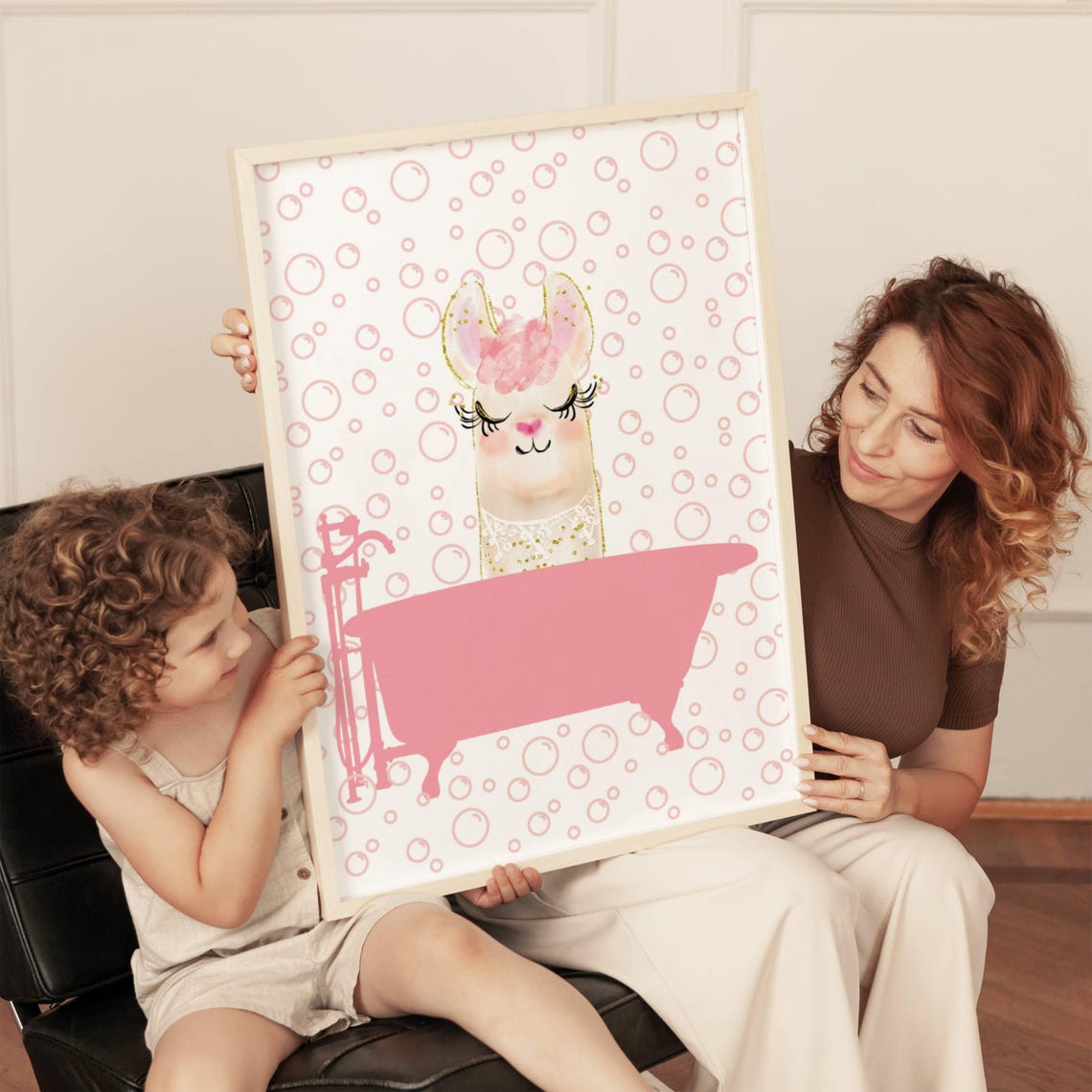 Pink Llama In Bathtub With Bubbles Glitter Watercolor Bathroom Poster - Image 2