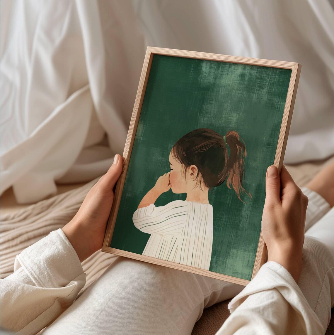 Little Girl In Bathroom Green Striped Shirt Nursery Art Poster - Image 3