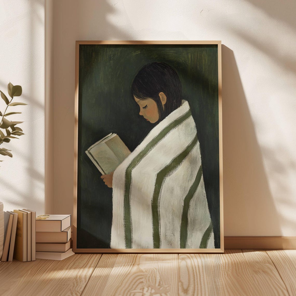 Girl Reading Book Wrapped In Striped Blanket Moody Green Art Poster