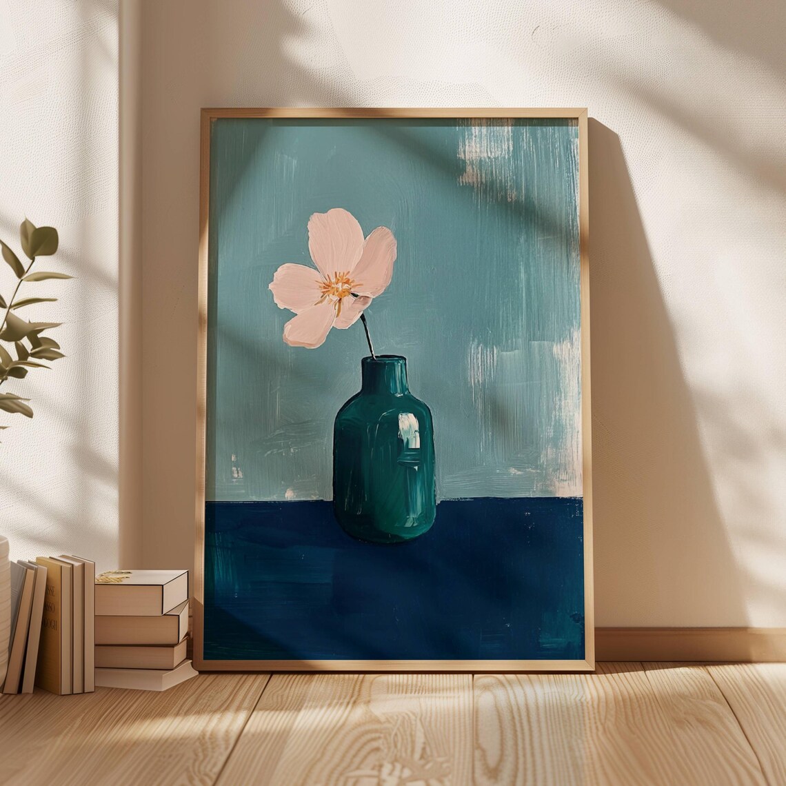 Single Pink Flower in Green Vase on Teal Botanical Art Poster