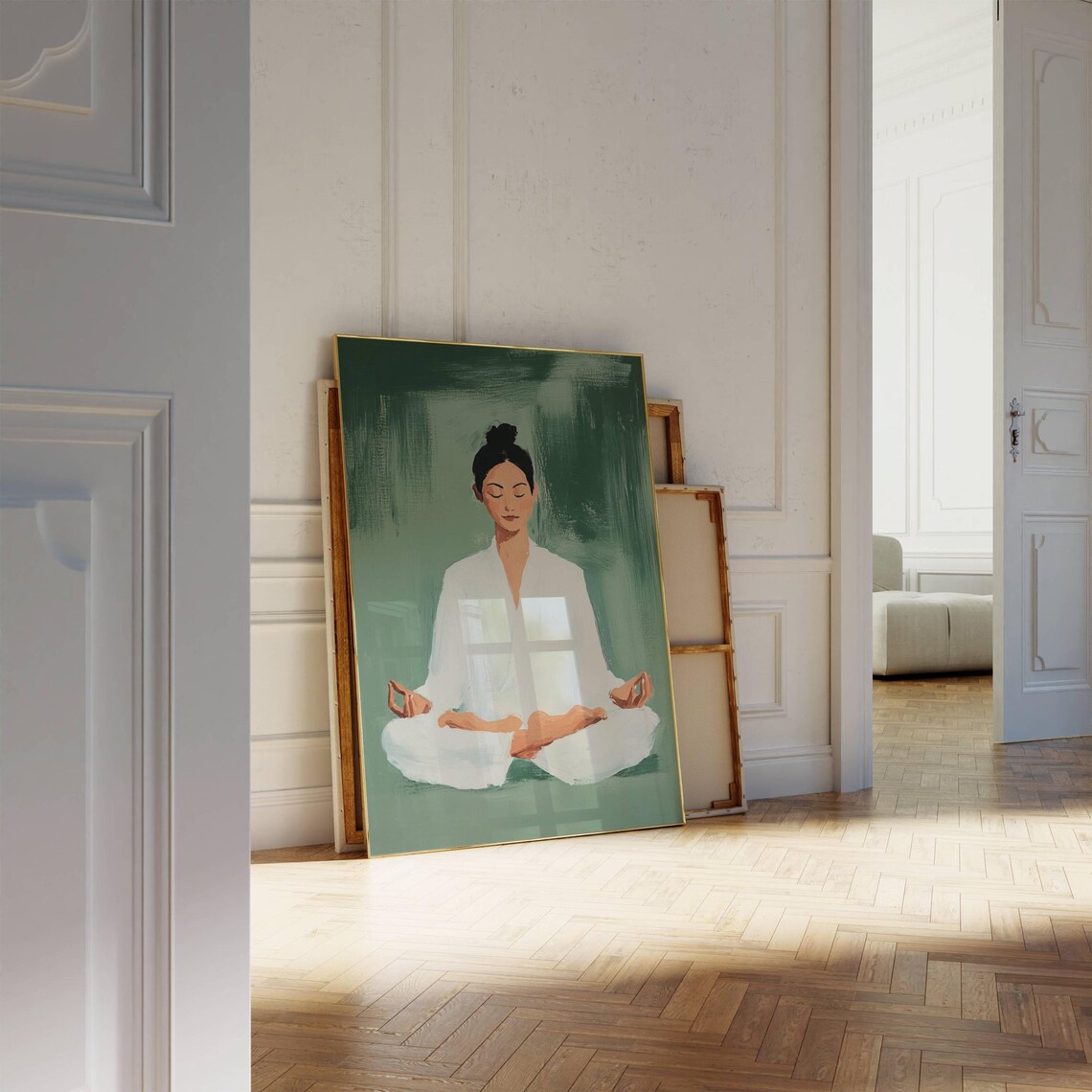 Woman Meditating in White Robe Green Background Yoga Zen Mindfulness Poster - Image 3