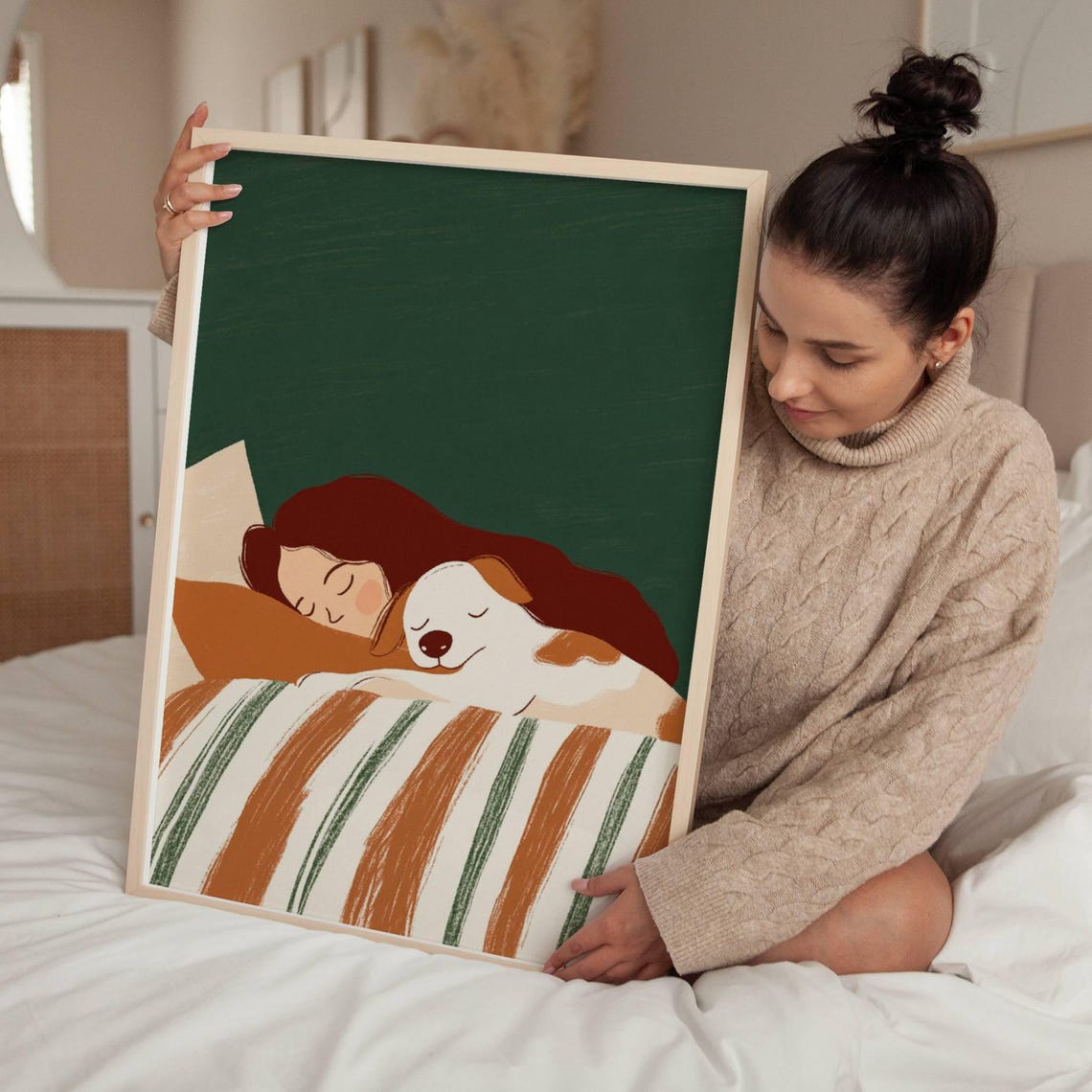 Dog Lover Gift Girl And Dog Art Print Bedroom Decor Kids Room Wall Decor Girl Children Room Art Woman With Dog Art Print Green And Brown - Image 6