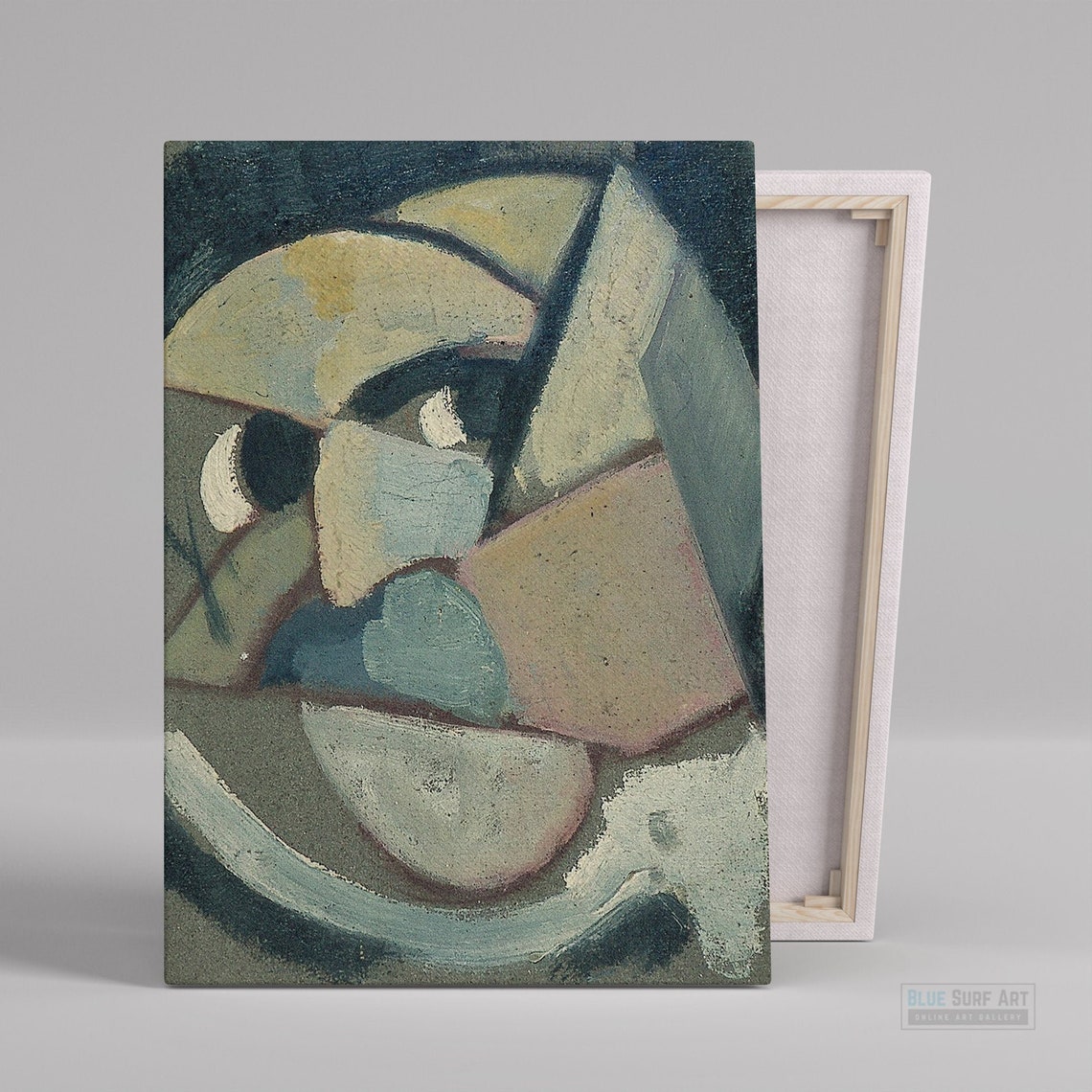Muted Green Cubist Abstract Head Geometric Fragmented Face Poster
