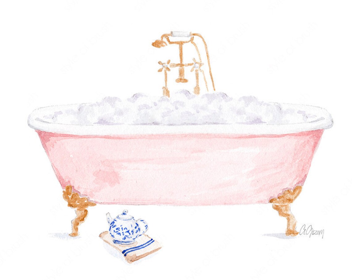 Pink Clawfoot Bathtub with Bubbles and Blue Porcelain Teapot Poster