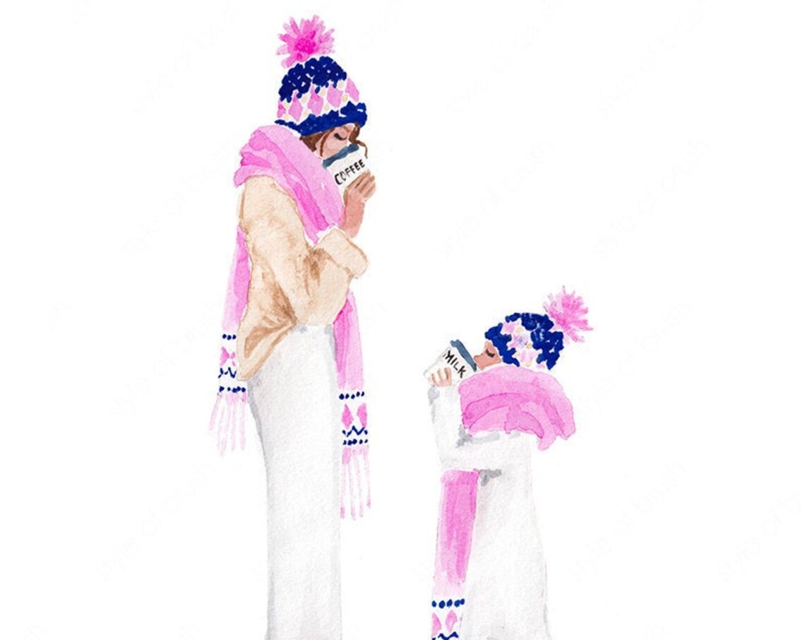 Mom and Daughter Coffee Date Winter Pink Scarves Portrait Poster - Image 2