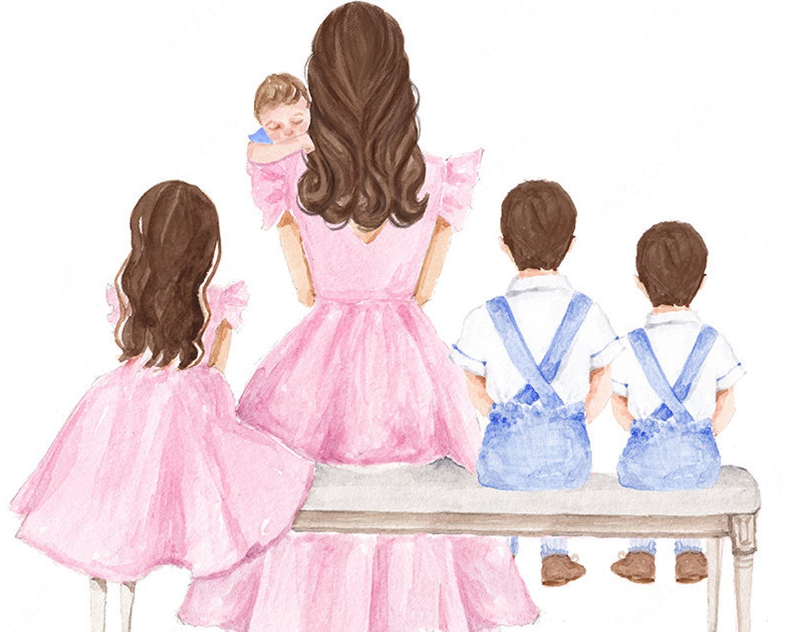 Mother Son Daughter Baby Illustration Mothers Day Mother And Children Print Fashion Illustration