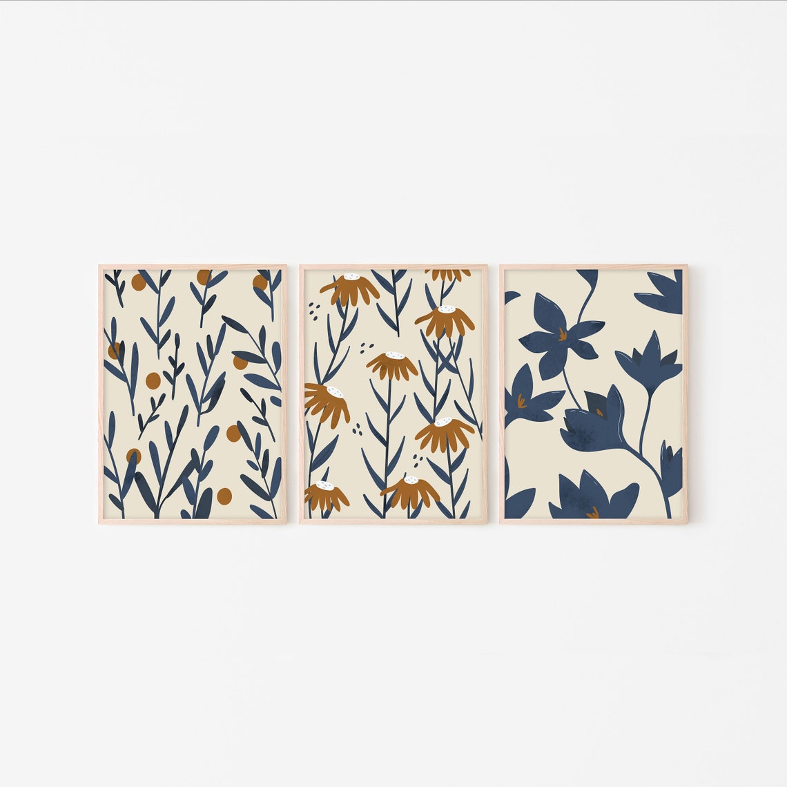 Navy Mustard Botanical Flower Three Panel Minimalist Gallery Poster